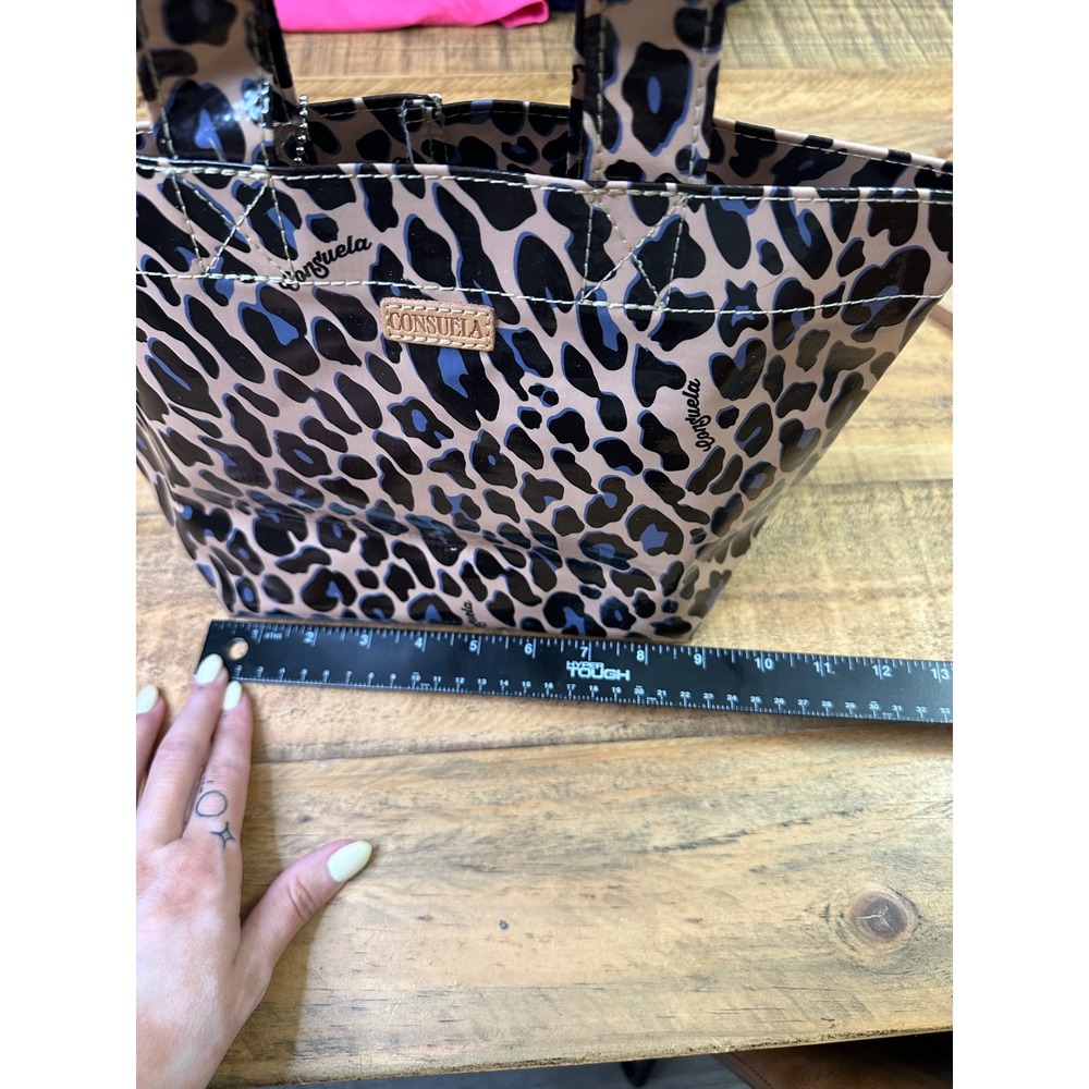 Consuela Tote Leopard Print Blue Tan Black Glossy Coated Canvas Bag NEW - Picture 3 of 7